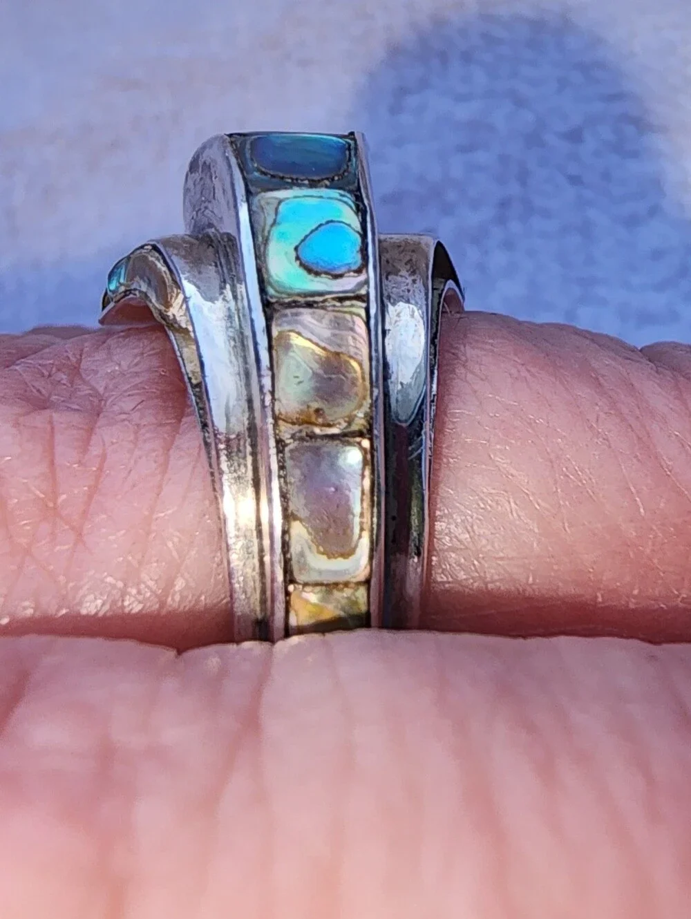 Sterling Silver Abalone Inlay Ring - Blue Green Shell,Adjustable